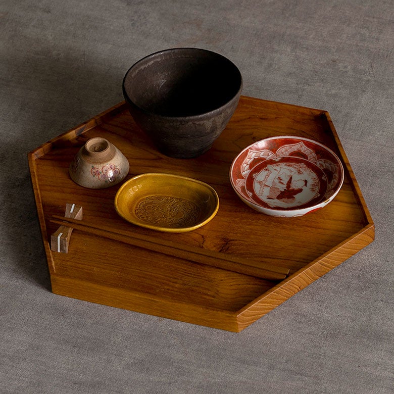 チーク無垢の六角形のトレイ L　 34.5 ×30cm